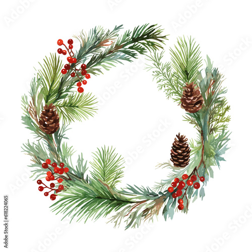 Round Christmas wreath vector watercolor style. Vector illustration