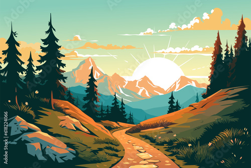 Mountain valley, flat colors poster. Travel and adventure. Vector illustration