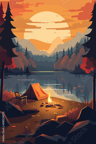 Mountain adventure and travel, flat colors vertical poster. Camping and hiking. Vector illustration