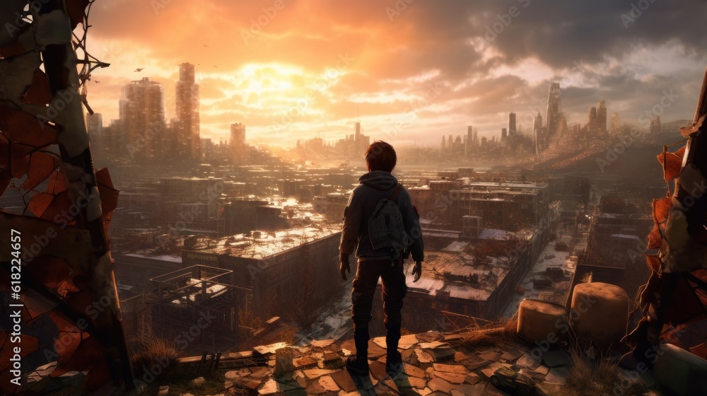 Game art piece that captures a significant moment in the middle of a hero's journey through a post - apocalyptic world. The protagonist, a resilient survivor, stands at the threshold of a crumbling Game art piece that captures a significant moment in the middle of a hero's journey through a post - apocalyptic world. The protagonist, a resilient survivor, stands at the threshold of a crumbling