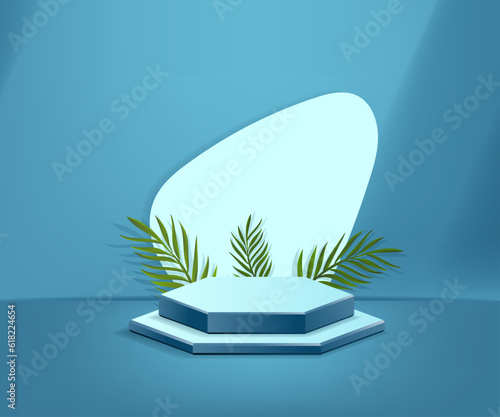 3d product podium and pedestal in Greenish blue color or metallic seaweed color with palm leaves. 3d rendering vector background view with podium. To display 3d cosmetic products.