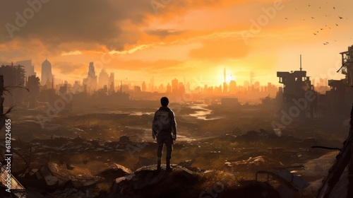 Game art piece that captures a significant moment in the middle of a hero's journey through a post - apocalyptic world. The protagonist, a resilient survivor, stands at the threshold of a crumbling