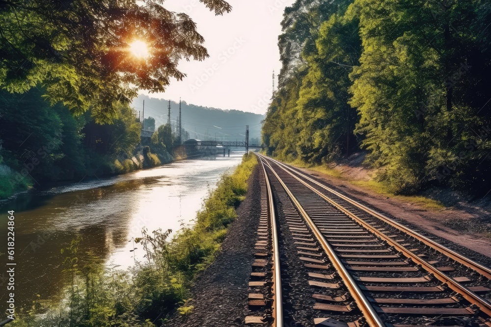 Fototapeta premium along a railroad on an summer afternoon AI Generated