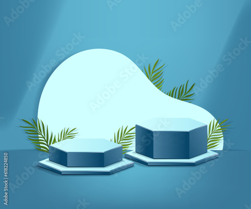 3d product podium and pedestal in Greenish blue color or metallic seaweed color with palm leaves. 3d rendering vector background view with podium. To display 3d cosmetic products.