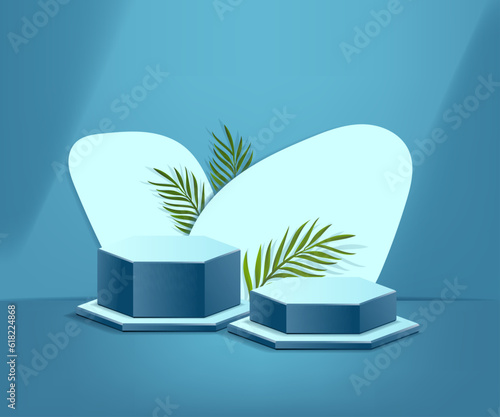 3d product podium and pedestal in Greenish blue color or metallic seaweed color with palm leaves. 3d rendering vector background view with podium. To display 3d cosmetic products.