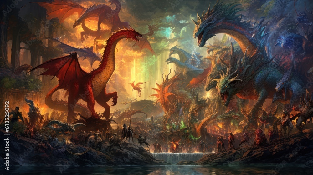 Artwork showcasing a diverse array of legendary creatures from folklore and mythology, such as dragons, griffins, unicorns, and phoenixes, gathered in a majestic and awe - inspiring setting Artwork showcasing a diverse array of legendary creatures from folklore and mythology, such as dragons, griffins, unicorns, and phoenixes, gathered in a majestic and awe - inspiring setting