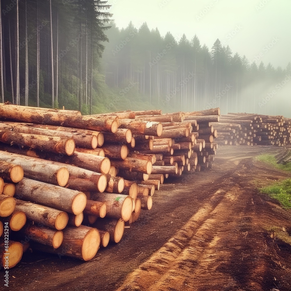 Freshly pile wood in nature. Generative Ai.