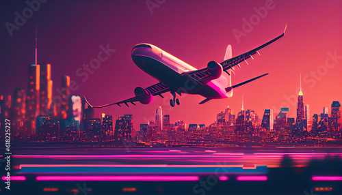 Minimal style Airplane take off over the american city , Airplane take off over the american city background with gold PINK blue glowing neon background Ai generated image