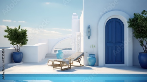 Santorini style architecture with armchairs plant door and swimming pool.3d rendering © Eli Berr