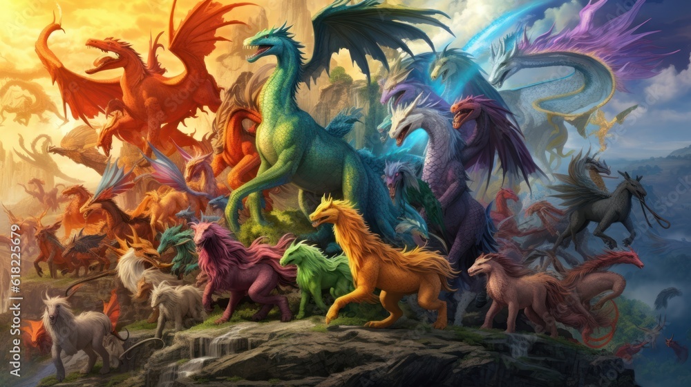 Artwork showcasing a diverse array of legendary creatures from folklore and mythology, such as dragons, griffins, unicorns, and phoenixes, gathered in a majestic and awe - inspiring setting Artwork showcasing a diverse array of legendary creatures from folklore and mythology, such as dragons, griffins, unicorns, and phoenixes, gathered in a majestic and awe - inspiring setting