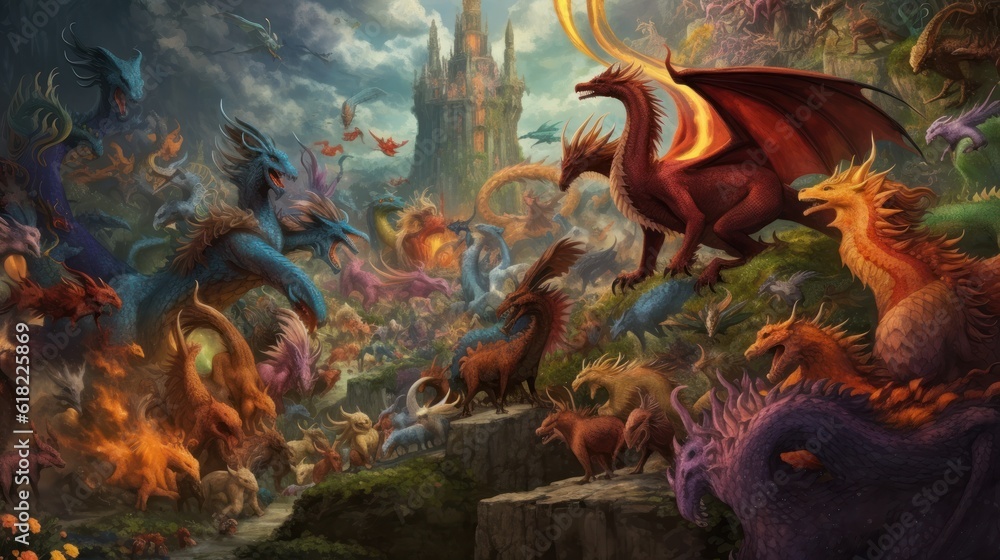Fototapeta premium Artwork showcasing a diverse array of legendary creatures from folklore and mythology, such as dragons, griffins, unicorns, and phoenixes, gathered in a majestic and awe - inspiring setting