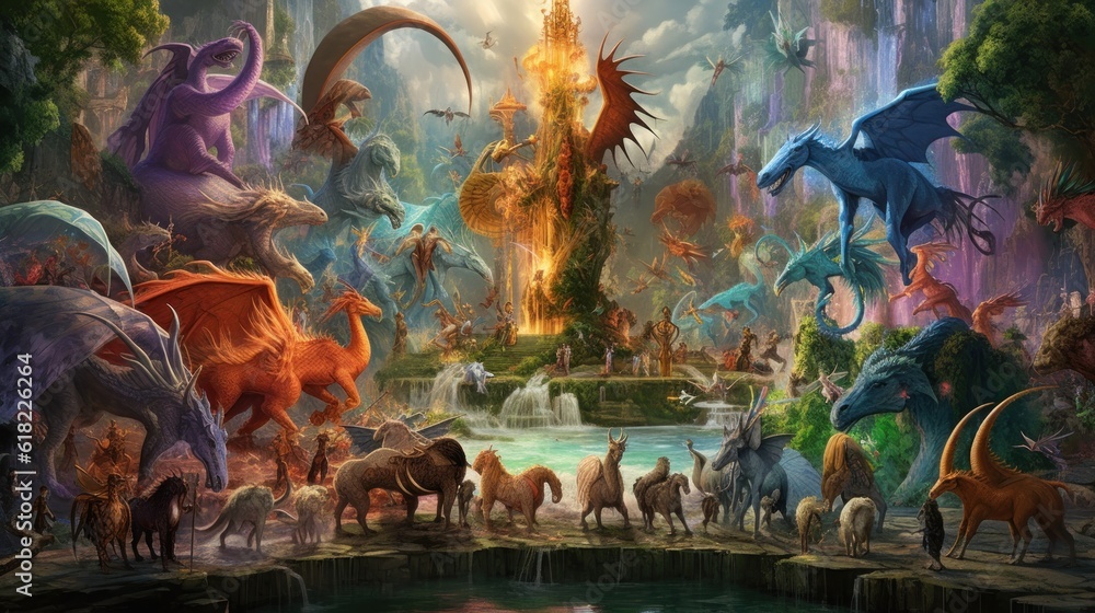 Artwork showcasing a diverse array of legendary creatures from folklore ...