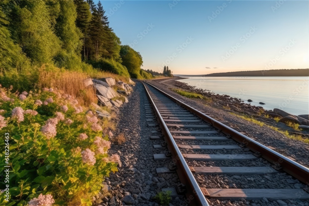 Fototapeta premium along a railroad on an summer morning AI Generated