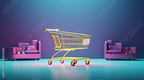 Shopping cart on podium.Concept for shopping or buying or selling furniture.3d rendering