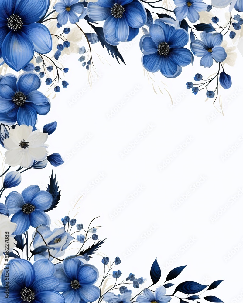 Blue floral background along the border with room for copy. Ai generative Art. Blue floral background along the border with room for copy. Ai generative Art.