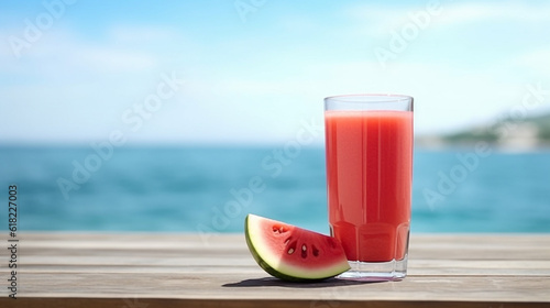 Fresh watermelon juice with sea background.Generative Ai.