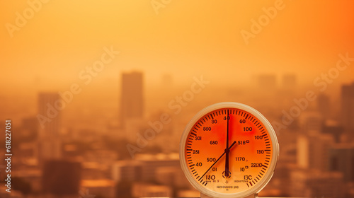 A thermometer sitting on top of a table in front of a city. Generative AI. Heat wave in city, temperature rising, climate change concept.