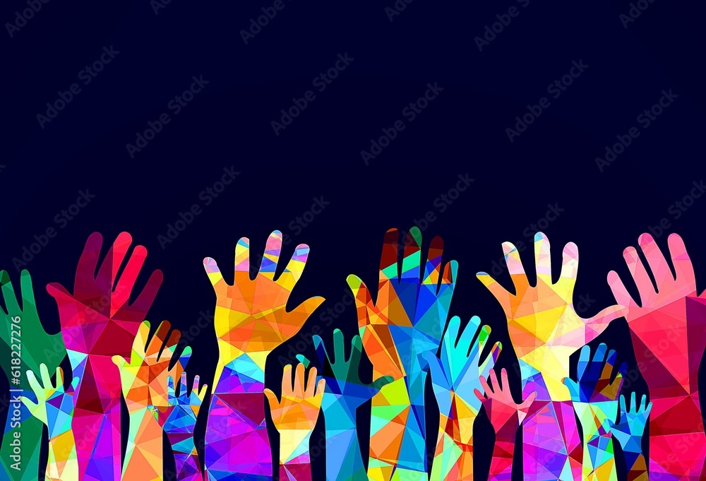 Colorful hands up - concept of happiness or help
