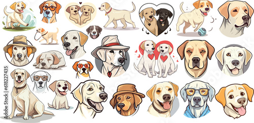 Labrador Retriever Dog Vector Collection in cartoon style, dog wearing hat and glasses
