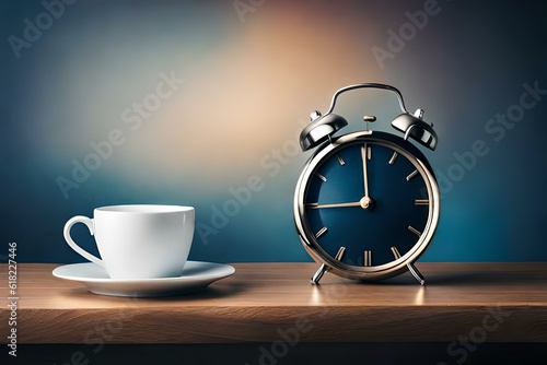 alarm clock and cup of coffee on table