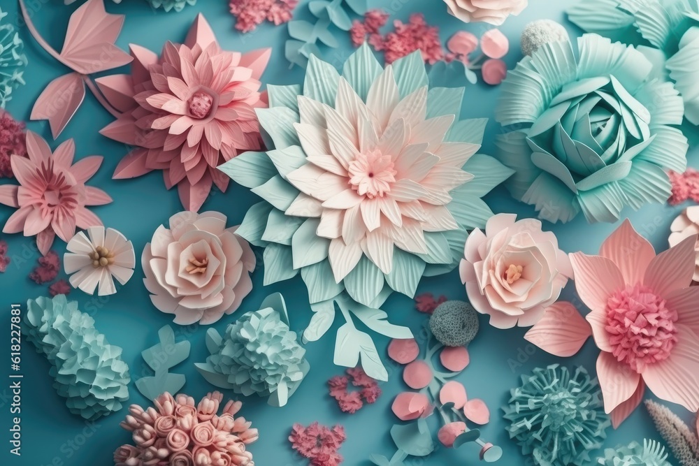 Artifical flowers on blue background. Generative ai