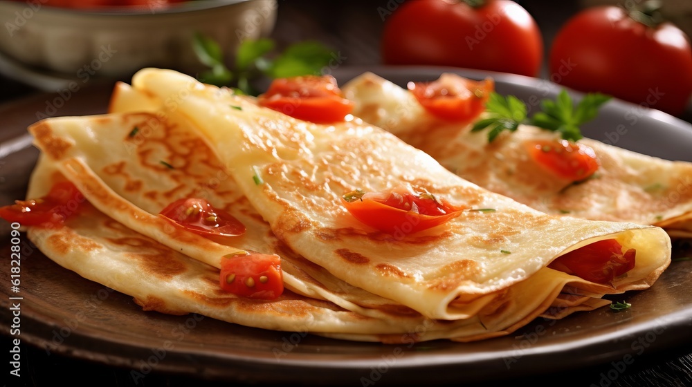 Pancakes. Yellow stuffed pancakes with red caviar, light background. Beautiful and delicious breakfast at home or in a cafe. Concept: Maslenitsa menu. Slavic carnival. Generative AI Pancakes. Yellow stuffed pancakes with red caviar, light background. Beautiful and delicious breakfast at home or in a cafe. Concept: Maslenitsa menu. Slavic carnival. Generative AI