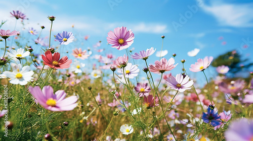 Colorful cosmos flower meadow in spring with blue sky.Generative Ai.