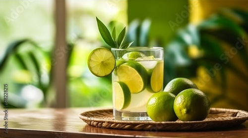 Refreshing healthy refreshing lemonade on gray background.Generative Ai.