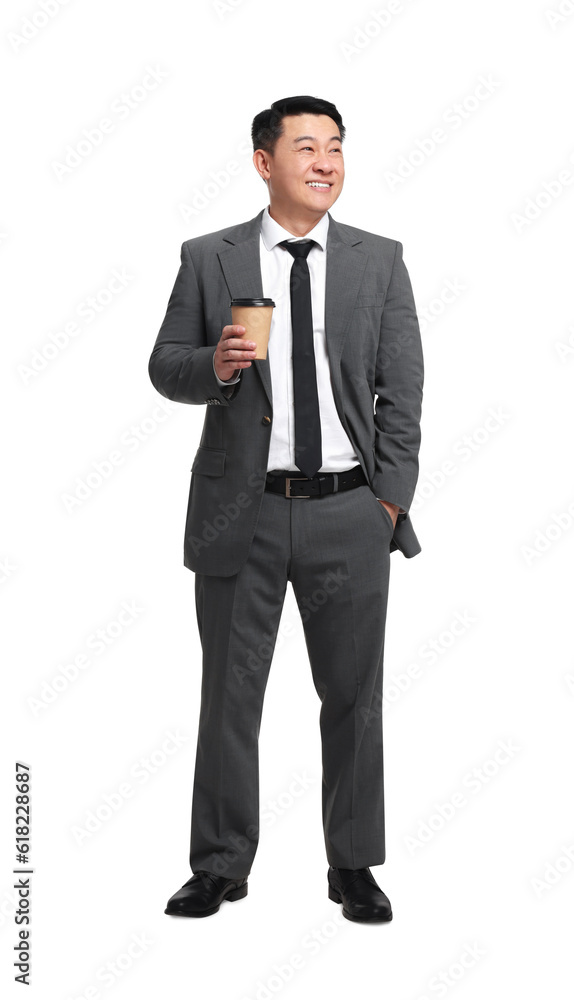 Businessman in suit with cup of drink on white background Businessman in suit with cup of drink on white background