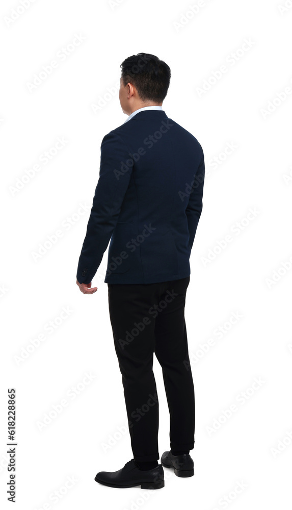 Businessman in suit posing on white background, back view Businessman in suit posing on white background, back view