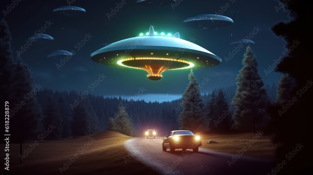 UFO flying with alien and abduct a car at night.3d rendering UFO flying with alien and abduct a car at night.3d rendering