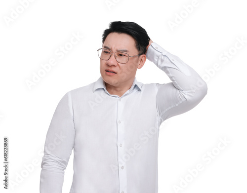 Confused businessman in formal clothes wearing glasses on white background