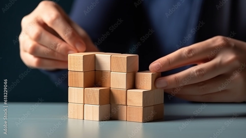 Businessman hand arranging wood block stacking step by step,Business concept growth success process.Generative Ai. Businessman hand arranging wood block stacking step by step,Business concept growth success process.Generative Ai.