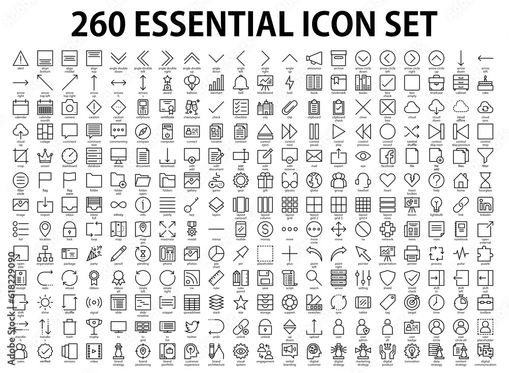 260 essential black and white icons set
