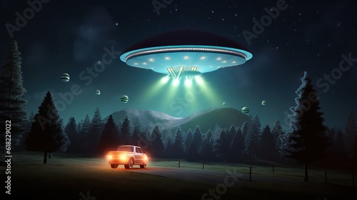 UFO flying with alien and abduct a car at night.3d rendering