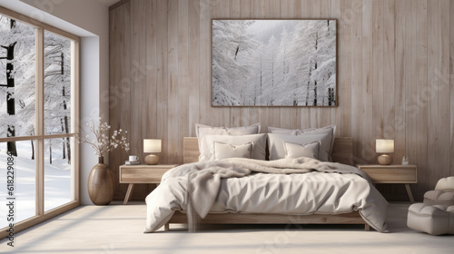 Scandinavian farmhouse bedroom interior wall mockup, Mockups Design 3D, High-quality Mockups, Generative Ai