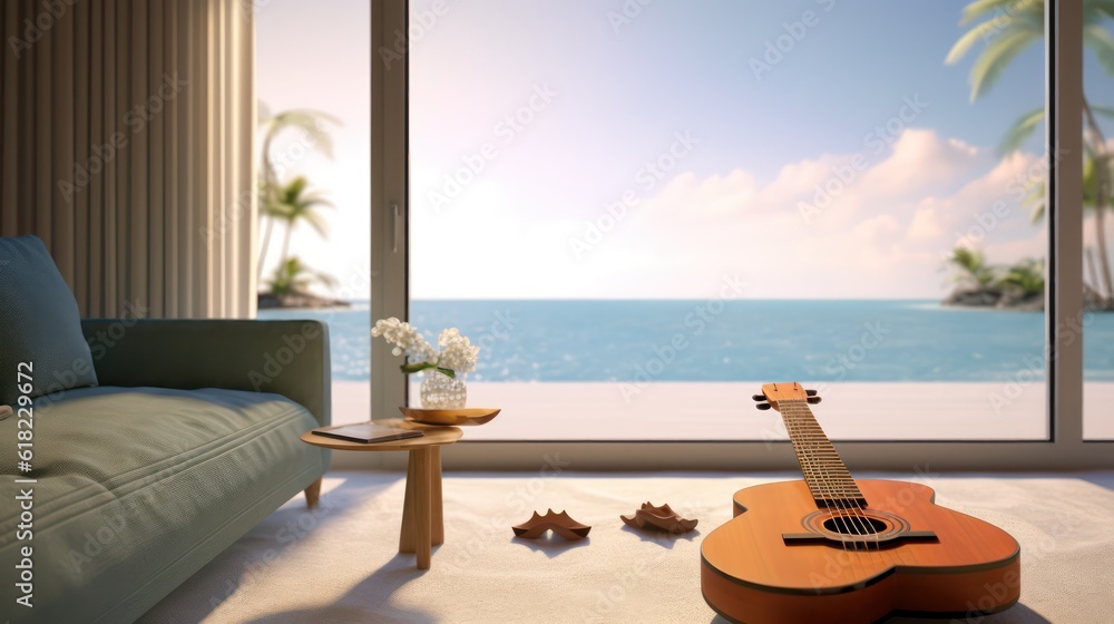 Obraz premium ukulele in living room with sea view.3d rendering