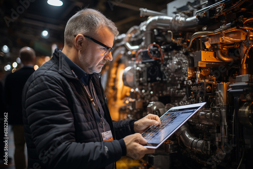 Revolutionizing the Factory: Visionary Industrial Engineer Utilize a Tablet Computer to Immersedly Visualize a Cutting-Edge 3D Model of a Clean Green Energy Engine. Experience the Future Ai generative