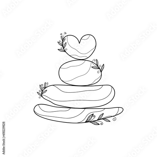 Floral stones balance line art. Tattoo art. Hand drawn stones of various shapes, plant branches, bluebells flowers. Creative vector illustration in graphic style.