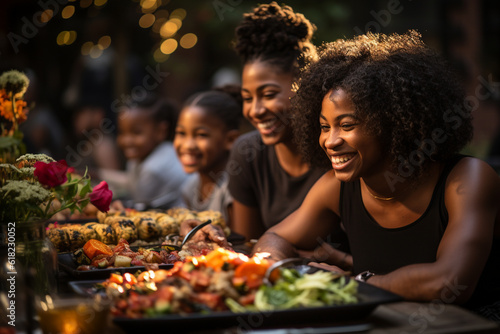 Vibrant Gathering of Family and Friends, Joyously Celebrating Outdoors in the Comfort of Home. A Multicultural Ensemble of Children, Adults, and Seniors Gathered Around a Table,Ai generative