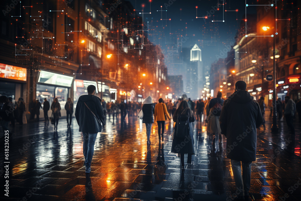 Technology Tracking in the Urban Landscape: A Crowd of Business People Walking on Bustling City Streets. CCTV AI Facial Recognition and Big Data Analysis Interface Scans, Ai generative