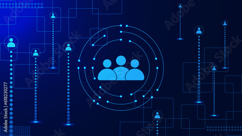 Customer relationship management and global network connection. Digital communication technology concept background with people icons.