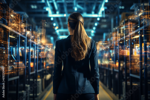 Harnessing the Power of 3D Graphics: In a Warehouse, the Female Chief Technology Officer of a Big Data Center Stands, Activating Servers to Initiate the Digitalization of Information. Embracing SAAS, 