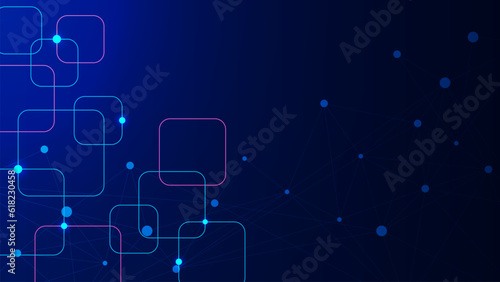 Abstract geometric with rectangular and connecting dots and lines. Big data visualization, global network connection and digital communication technology background.