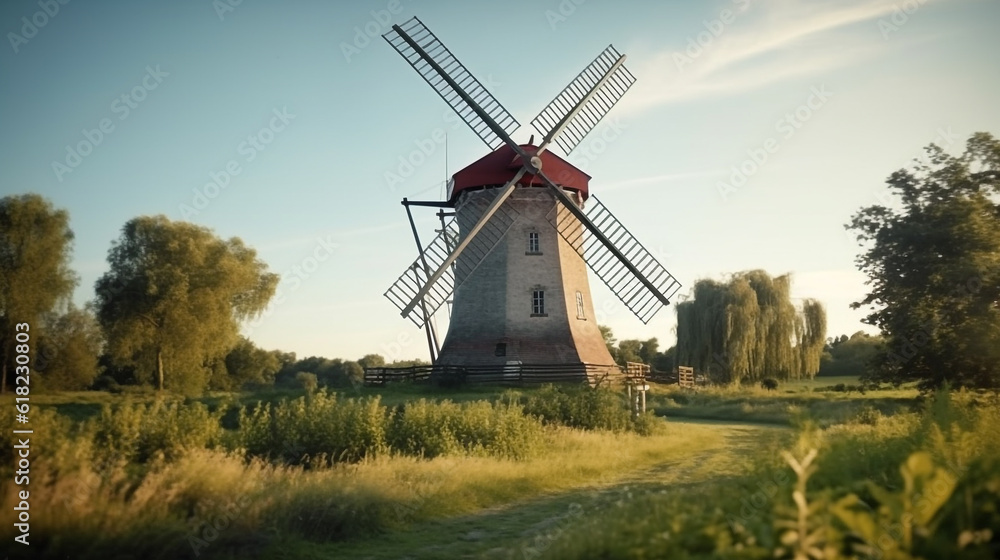 Windmill in the green field with blue sky.Generative Ai.