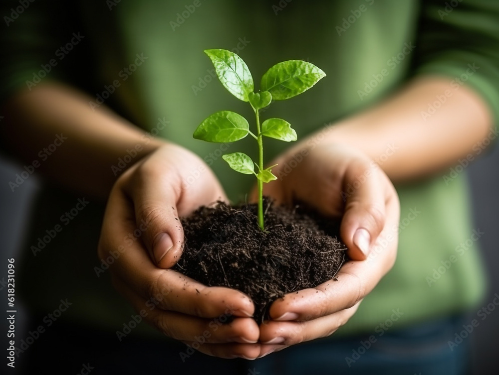 Little green plant with soil in the hands.Generative Ai. Little green plant with soil in the hands.Generative Ai.