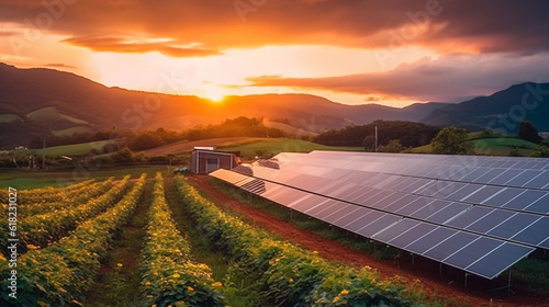 landscape of Solar cell panel with sunset.Generative Ai.