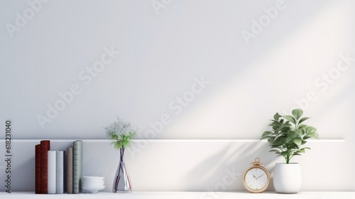 Fototapeta Naklejka Na Ścianę i Meble -  White shelf with decoration objects and blank white wall background.3d rendering