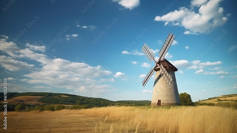 Windmill turbines in the green field with blue sky.Generative Ai.