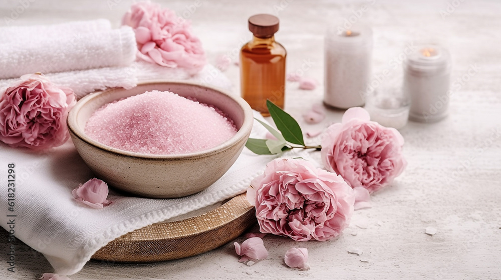 Spa set of spa treatment elements on white wooden,Peonies White towel,pink herbal salt.Generative Ai. Spa set of spa treatment elements on white wooden,Peonies White towel,pink herbal salt.Generative Ai.